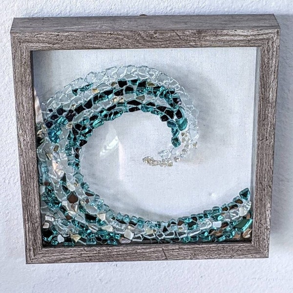 Dark Teal and gold, crushed glass, Ocean Wave Shadowbox. Matches Sea Turtle and Glass Starfish. Stormy Pacific and Atlantic Vibes.