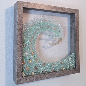 Sparkly, Aqua Glass Beach Wave in 10x10 inch Weathered Gray, Black, or White Shadowbox with crushed sea shells reflective glass. Great gift!