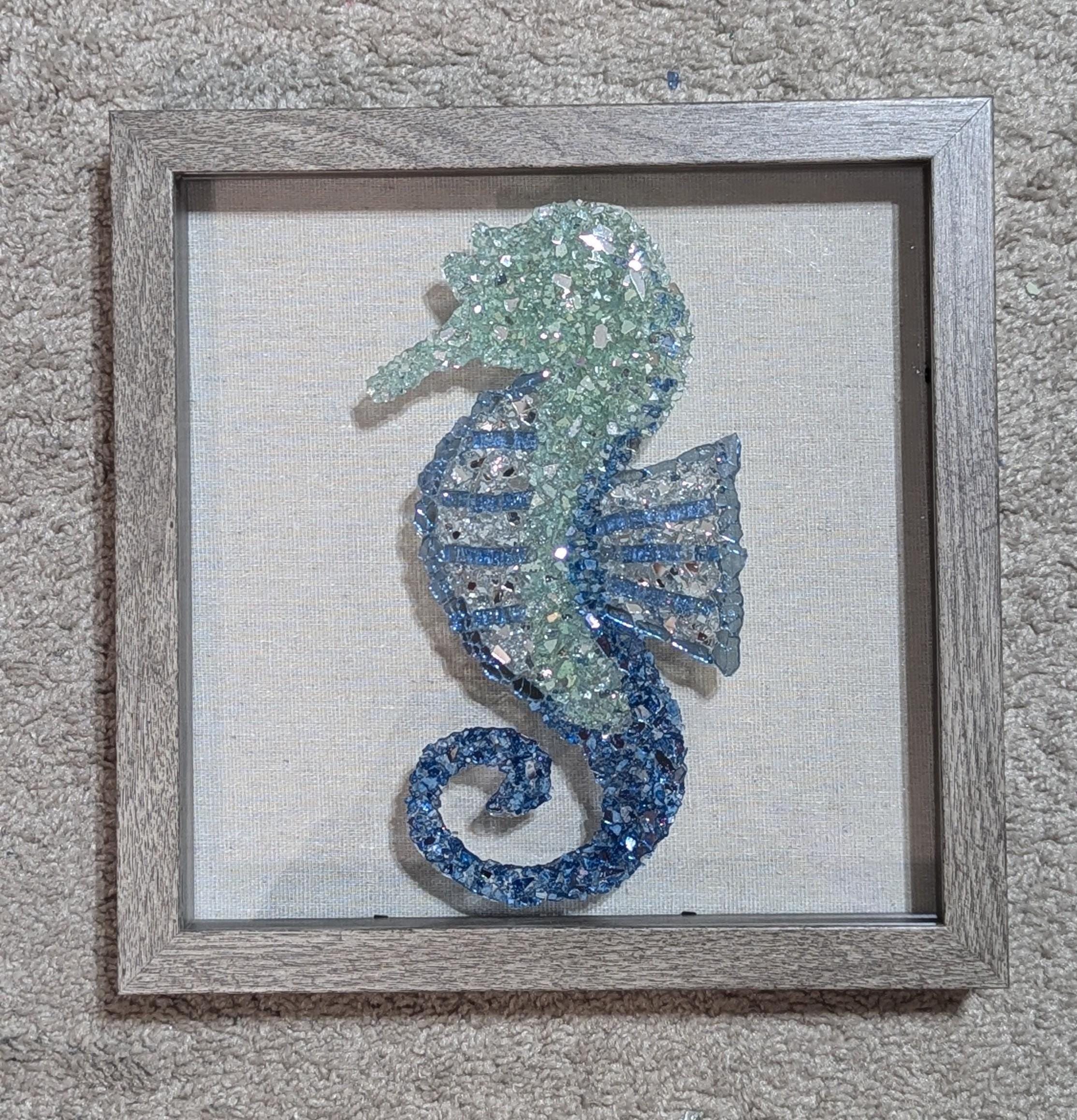 Sparkly Seahorse Artwork With Aqua, Cobalt, Silver/gold