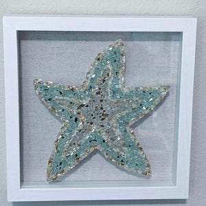 Beautiful Starfish Art in neutral crushed shells and aqua and gold glass. Shadowbox is Weathered Gray, White, Black. Beach home. Great Gift!