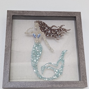 Glass Mermaid Art with Personalized Color Options. Shadowbox Wall Decor with glass, sand, seashells. 10x10 beachy decor. Great Gift for her.