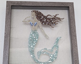 Glass Mermaid Art. Shadowbox Wall Decor, Inclusive skin tone options with sand and seashells. 10x10 beach wall decor. Great Gift for her.