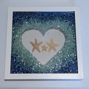 Sweet Framed Ocean Art with Personalized Starfish options and sparkly, crushed glass in Aqua and Cobalt. Great Gift. Bring the beach home.