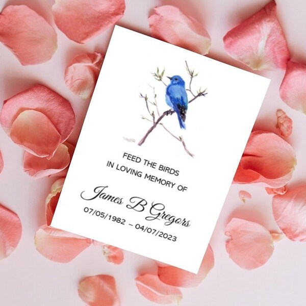 Custom Bird Seed Packet Favors, Budget Funeral Favors for Memorial Celebration of Life, Memory, Cardinal Blue Bird Personalized Seed Packs