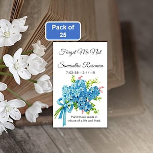 Funeral Forget Me Not Seed Packets, Sympathy Gift Favor Momentos, Celebration of Life Custom Seed Packets, Pack of 25 Envelope Forget Me Not