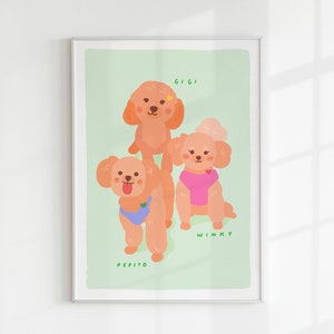 Portret van 3 huisdieren: hond, kat, allemaal. Digitaal afdrukbaar muurkunstcadeau – Schattig hondenliefhebber dierenportret | Minimalistische cartoon