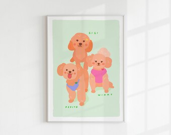 3 Pets Portrait – Dog, Cat, All. Digital printable Wall Art Gift – Cute dog lover animal portrait | Cartoon minimalist