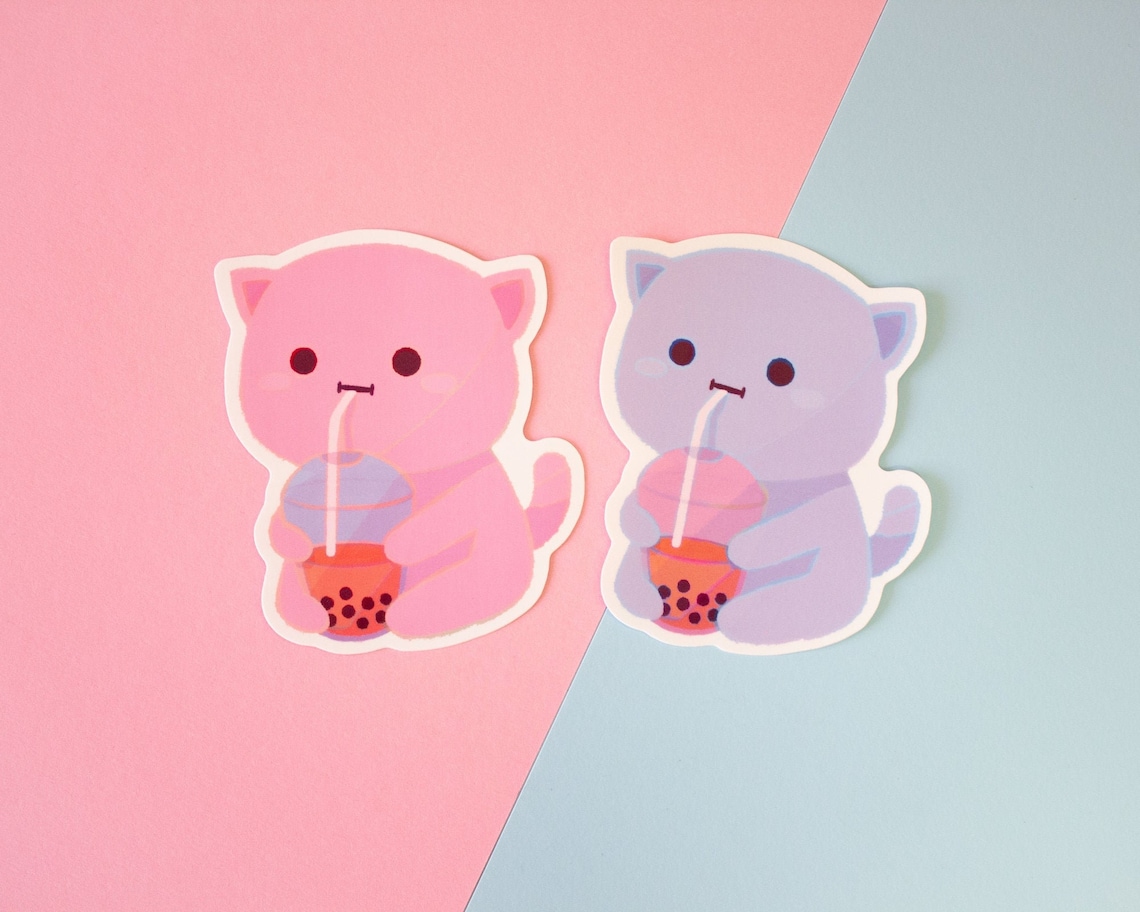 Cute Boba Cat drinking Bubble Tea Large Premium Sticker | Etsy