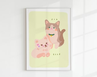 2 Pets Portrait – Dog, Cat, All. Digital printable Wall Art Gift – Cute dog lover animal portrait | Cartoon minimalist