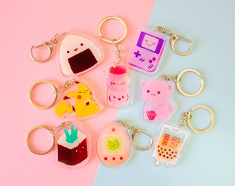 Cute Eco Friendly Keyrings Double Side Charms gift Boba Bubble tea Yakult Pikachu Gamer Girl Gameboy Tamagochi Sushi Onigiri Pikachu