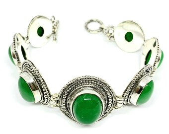 BALI DESIGNER Green JADE 925 Sterling Silver Link Bracelet 7.5-8 Inch