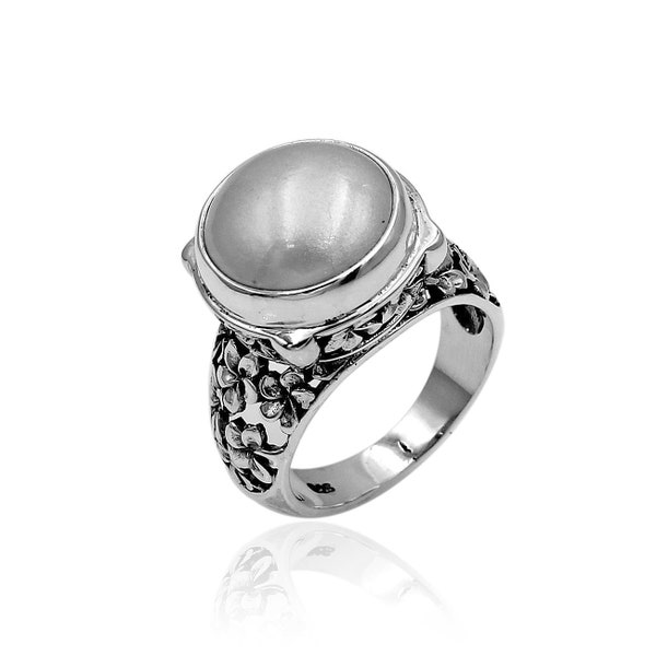 Handmade Bali Floral Fresh Water Mabe Pearl Cocktail Ring in 925 Sterling Silver - Size L , M , N , O , P , Q