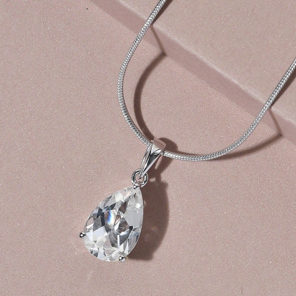 Genuine White Topaz Pendant, Solitaire Pendant, April Birthstone Necklace, 925 Sterling Silver, White Topaz Necklace, Gift for her
