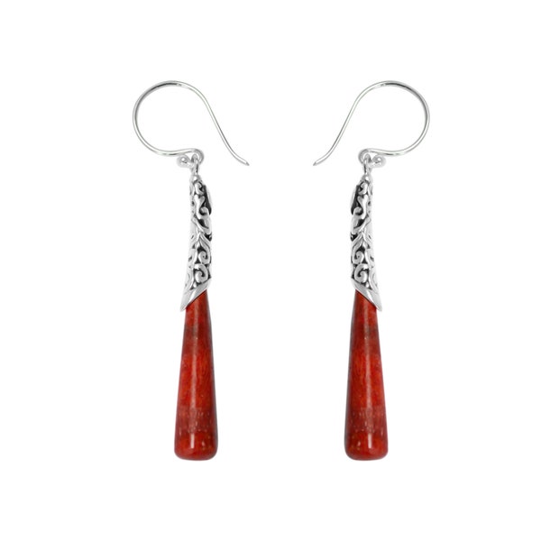 Designer Red Coral Drop Dangle Earrings in 925 Sterling Silver - 6 Cm