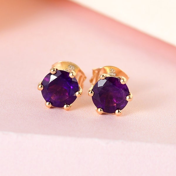 AAA Amethyst Round Studs earrings, 925 Sterling Silver, 6 Prong Stud, 18K Gold Plated, Round Studs by Inspiring Jewellery