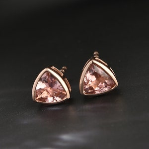 Salmon Pink Tourmaline , Trillion exotic Gemstone earrings , 925 Sterling Silver Stud , Rose Gold , Pink Gemstone  Inspiring Jewellery