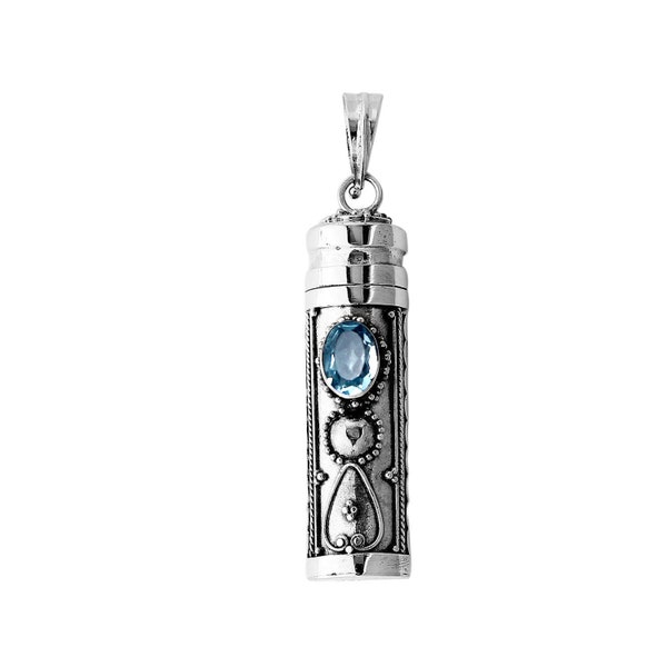 Blue Topaz Prayer Box - Pill Box - Perfume Pendant - Message Locket Pendant - 925 Sterling Silver Handmade