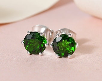 Chrome Diopside Round Studs earrings, 925 Sterling Silver, 6 Prong Stud, Platinum Plated, 6 mm Solitaire Round Studs by Inspiring Jewellery