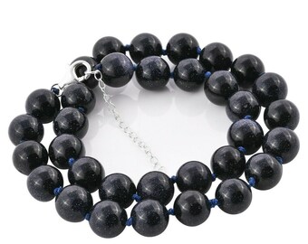 Large 12 mm BLUE SANDSTONE BEAD Necklace with 925 Silver extender 18+2