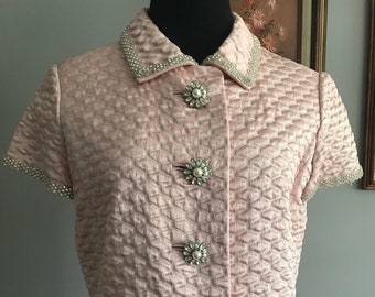 Stunning Vintage 1960s Kiki Hart New York Quilted pink and rhinestone bedazzled day dress/coat dress