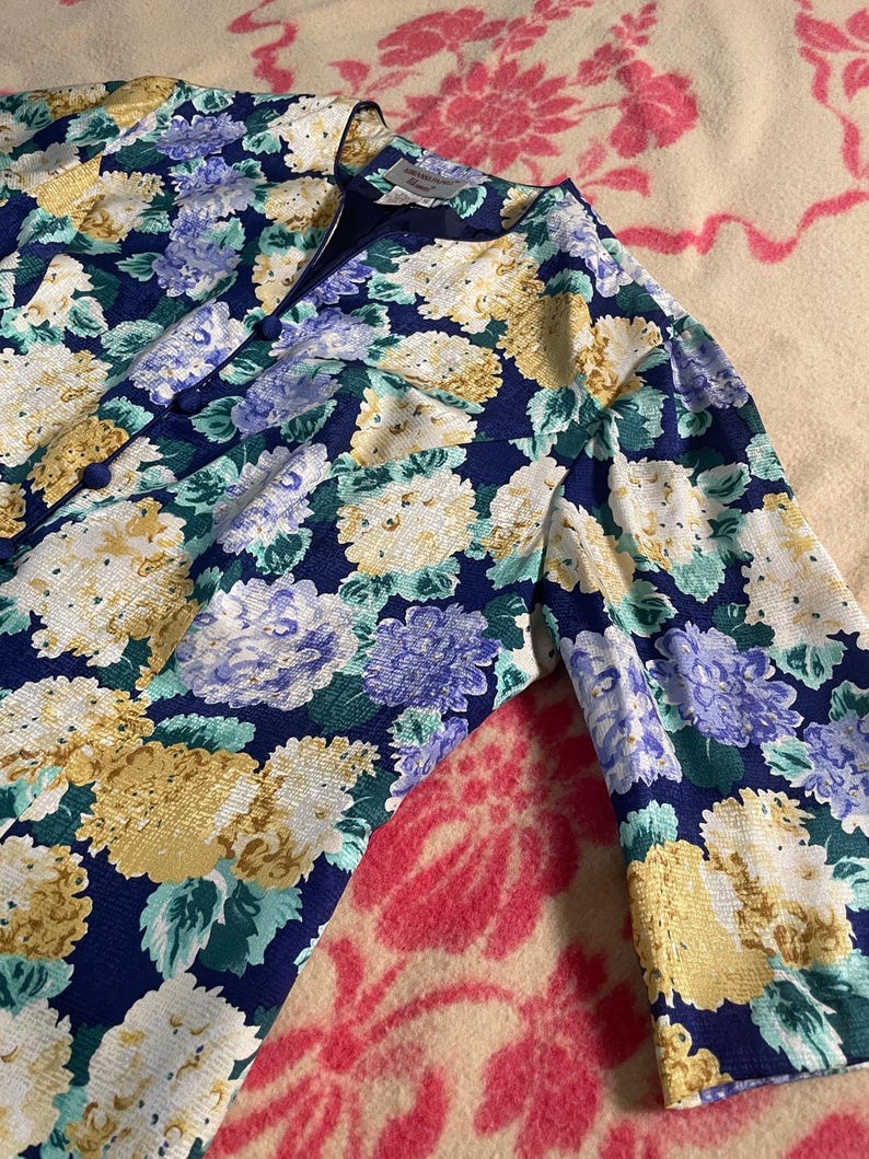 Chaqueta de cóctel vintage Adrianna Papell para mujer, 100% seda, estampado de hortensias, talla 16 imagen 2