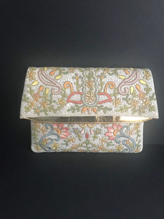 Vintage 1950s Marketa Embroidered Floral Clutch