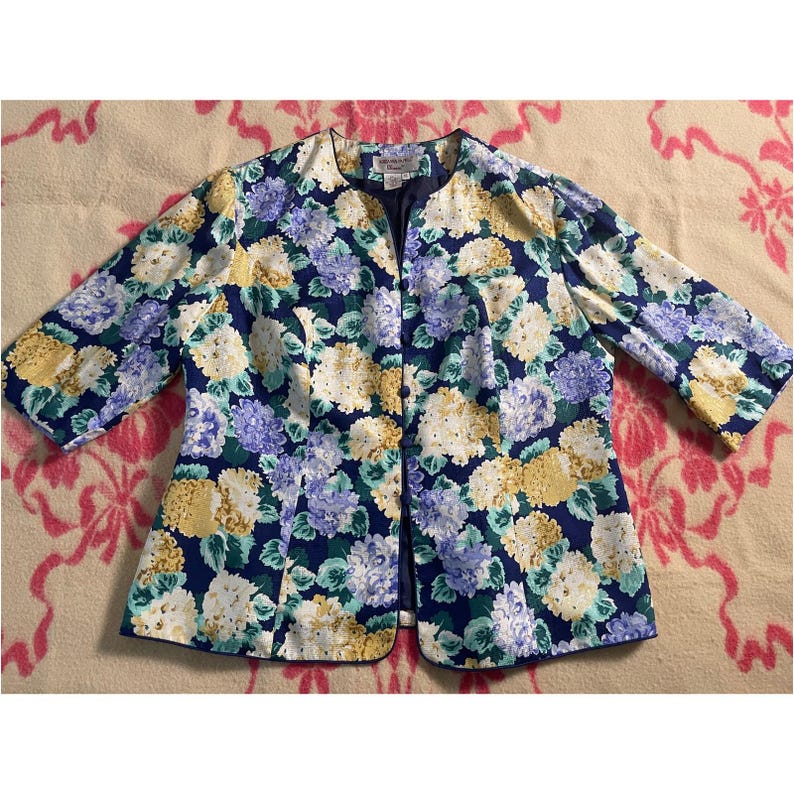 Chaqueta de cóctel vintage Adrianna Papell para mujer, 100% seda, estampado de hortensias, talla 16 imagen 1