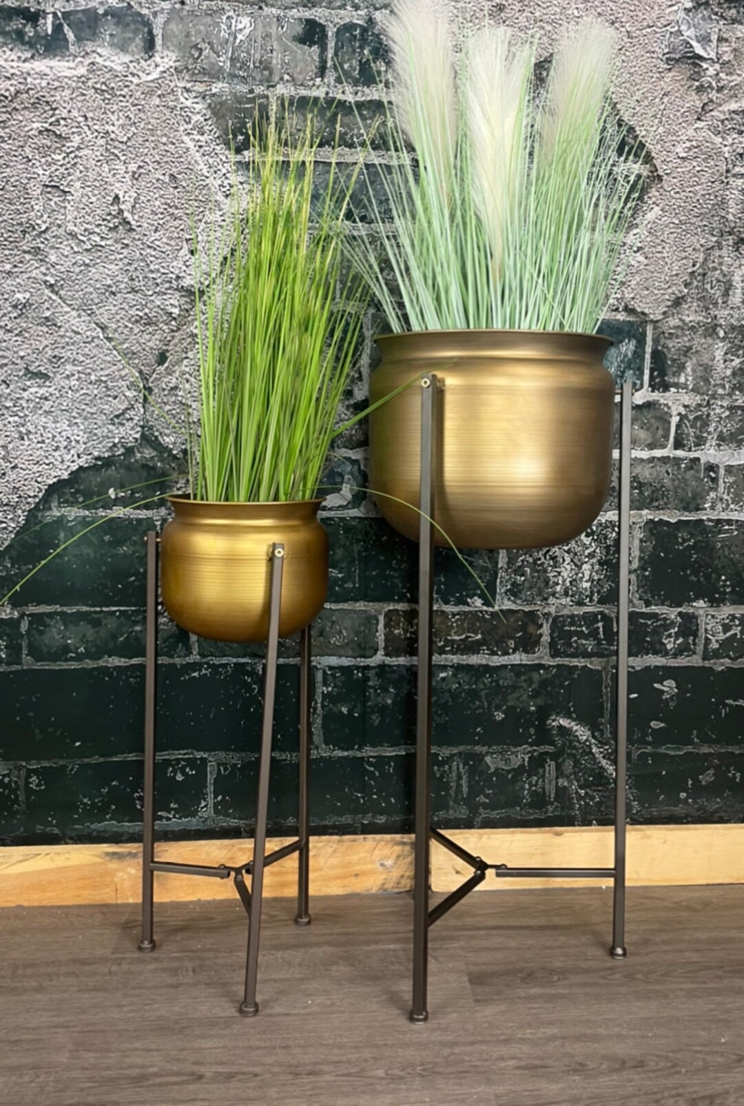 Large Gold Planter on Stand Antique Gold Tall Plant Pot Indoor Etsy