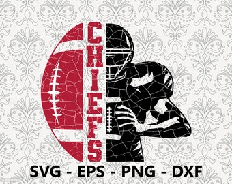 May include: A black and red distressed graphic of a football player with the word "CHIEFS" in red letters. The graphic is suitable for use as a digital download for crafting projects.