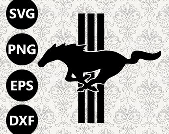 May include: Black silhouette of a running horse with three vertical stripes, a classic design. The image includes the text "SVG", "PNG", "EPS", and "DXF" in black circles, suggesting various file formats.