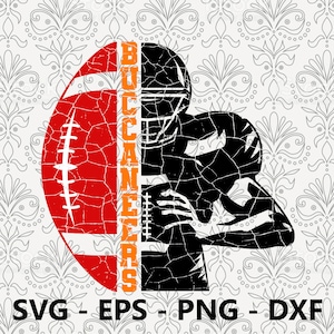 May include: A black and white distressed image of a football player holding a football with the word "BUCCANEERS" in orange letters on the side of a red and white football.