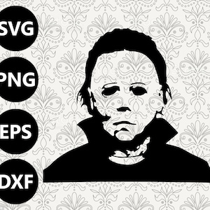May include: Black and white graphic of a masked face, likely a character from a horror film. The image is a silhouette against a patterned background. Text labels read "SVG", "PNG", "EPS", and "DXF".