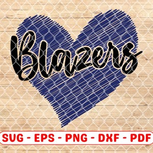 Puede incluir: Gráfico digital con un corazón azul con textura de red y la palabra "Blazers" en negro. El corazón está sobre un fondo claro de vetas de madera. Debajo hay una pancarta roja y blanca con abreviaturas de tipos de archivo.