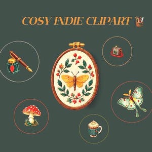 Könnte beinhalten: Eine digitale Sammlung mit dem Titel COSY INDIE CLIPART, die einen ovalen Stickrahmen mit Schmetterlings- und Blumenmotiv, einen Füllfederhalter mit Tinte, eine Vintage-Kamera, einen roten Pilz, einen grünen Falter und einen Becher zeigt.