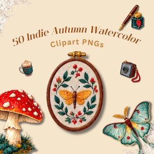 Könnte beinhalten: Eine digitale Sammlung von 50 Indie Autumn Aquarell-Cliparts als PNG-Dateien, bestehend aus einem ovalen Stickrahmen mit Schmetterling, einem roten Pilz, einem Füllfederhalter mit Tinte, einer kleinen Kamera, einer Kaffeetasse und einem großen blau-gelben Falter.