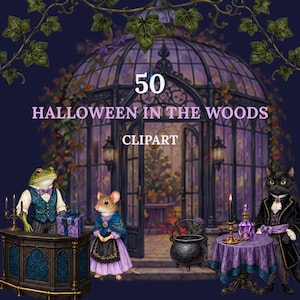 Whimsical Halloween Clipart Bundle | 50 Watercolor PNGs | Cozy Woodland Animals, Ghosts & Pumpkins | Storybook Halloween Graphics