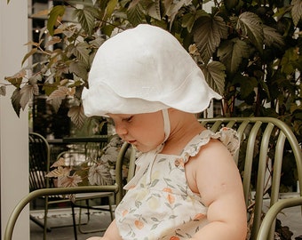 White Linen Head Bonnet Little Girls, Baby Baptism Bucket Hat, Toddler Cloche Hat, Summer Sun Hat with Ties, Organic Wavy Brim Panama Cap