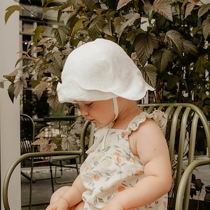 White Linen Head Bonnet Little Girls, Baby Baptism Bucket Hat, Toddler Cloche Hat, Summer Sun Hat with Ties, Organic Wavy Brim Panama Cap image 1