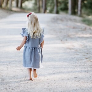 Blue Magic Linen Dress Girls, Flutter Sleeve Little Dresses, Romantic Flower Girl Ruffle Dress, Flax Midi Lace Dress, Older Girl Boho Summer image 2