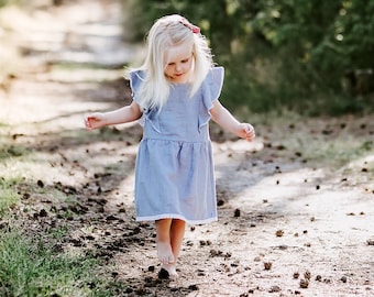 Blue Magic Linen Dress Girls, Flutter Sleeve Little Dresses, Romantic Flower Girl Ruffle Dress, Flax Midi Lace Dress, Older Girl Boho Summer