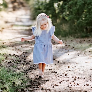 Blue Magic Linen Dress Girls, Flutter Sleeve Little Dresses, Romantic Flower Girl Ruffle Dress, Flax Midi Lace Dress, Older Girl Boho Summer image 1