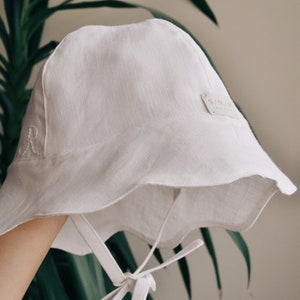 White Linen Head Bonnet Little Girls, Baby Baptism Bucket Hat, Toddler Cloche Hat, Summer Sun Hat with Ties, Organic Wavy Brim Panama Cap image 4