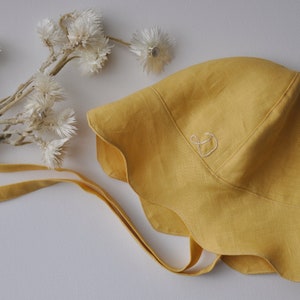Yellow Linen Baby Summer Sun Hat, Wide Organic Wavy Brim Hat, Toddler Head Bonnet with Ties, Kids Baptism Bucket Hat, Panama Hat, Cloche Cap image 1
