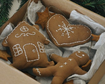 Servilletero de lino, servilleteros de cena de Navidad, decoración de mesa de invierno, decoración rústica de vacaciones, adornos de pan de jengibre bordados colgantes