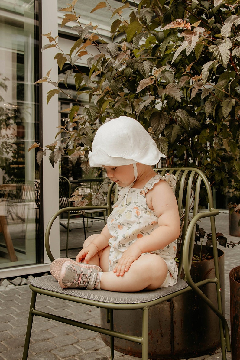 White Linen Head Bonnet Little Girls, Baby Baptism Bucket Hat, Toddler Cloche Hat, Summer Sun Hat with Ties, Organic Wavy Brim Panama Cap image 1