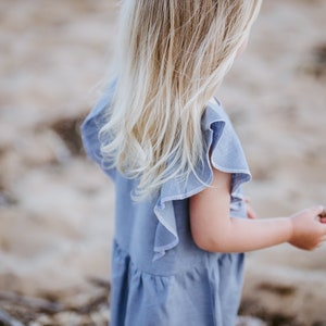 Blue Magic Linen Dress Girls, Flutter Sleeve Little Dresses, Romantic Flower Girl Ruffle Dress, Flax Midi Lace Dress, Older Girl Boho Summer image 5