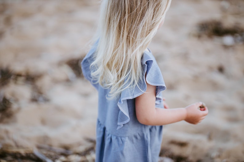 Blue Magic Linen Dress Girls, Flutter Sleeve Little Dresses, Romantic Flower Girl Ruffle Dress, Flax Midi Lace Dress, Older Girl Boho Summer image 5