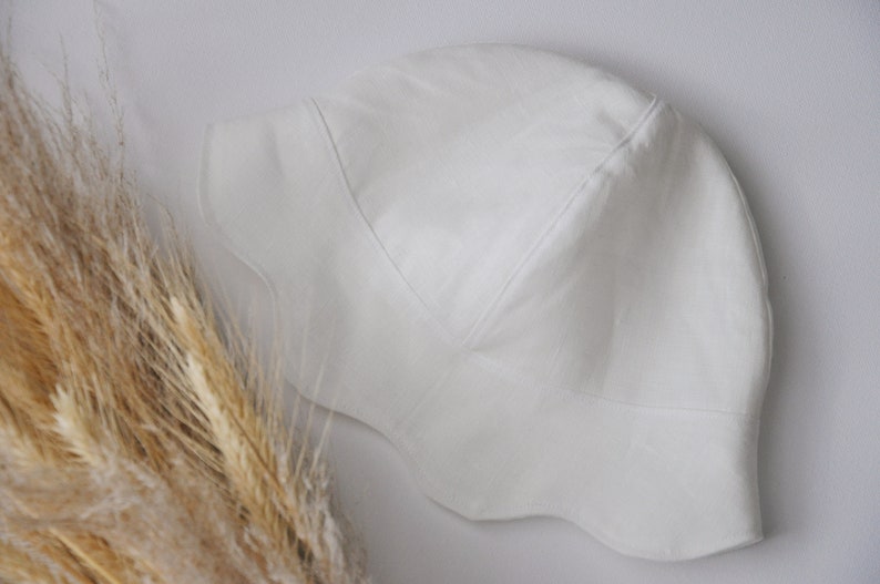 White Linen Head Bonnet Little Girls, Baby Baptism Bucket Hat, Toddler Cloche Hat, Summer Sun Hat with Ties, Organic Wavy Brim Panama Cap image 6