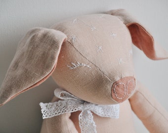 Linen Piggy Toy, Soft Stuffed Pig Toy, Embroidered Textile Fabric Piglet, Organic Animal Rag Doll, Personalized Heirloom Ooak Doll, Adopt Me