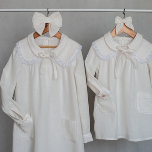 White Collared Muslin Girls Dress with Pockets, Long Sleeve Organic Cotton Toddler Dress, Baptism Girl Dress, Flower Girl Wedding Clothing